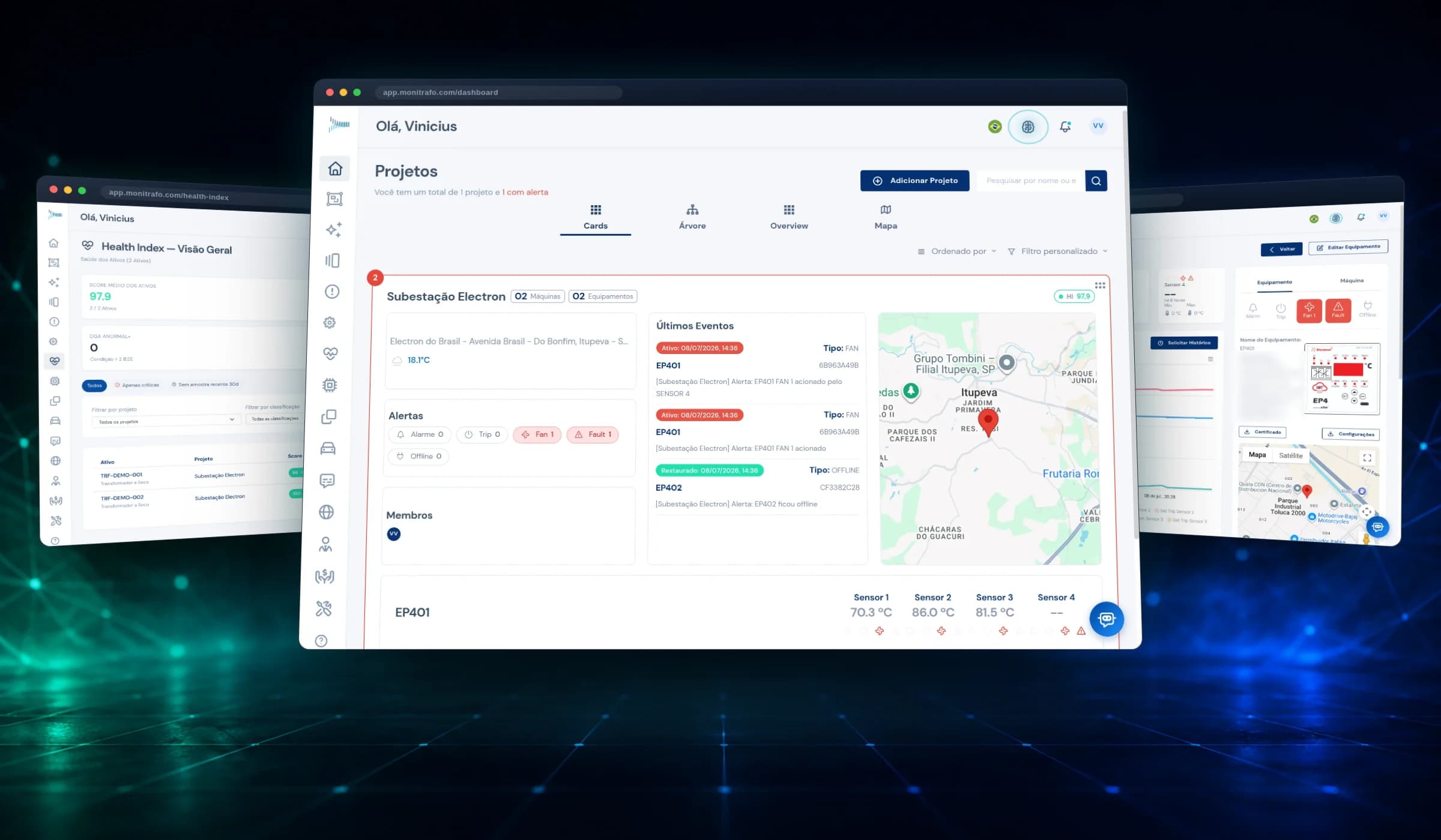 Telas reais do Monitrafo: projetos com alertas e mapa, Health Index e geolocalização dos ativos